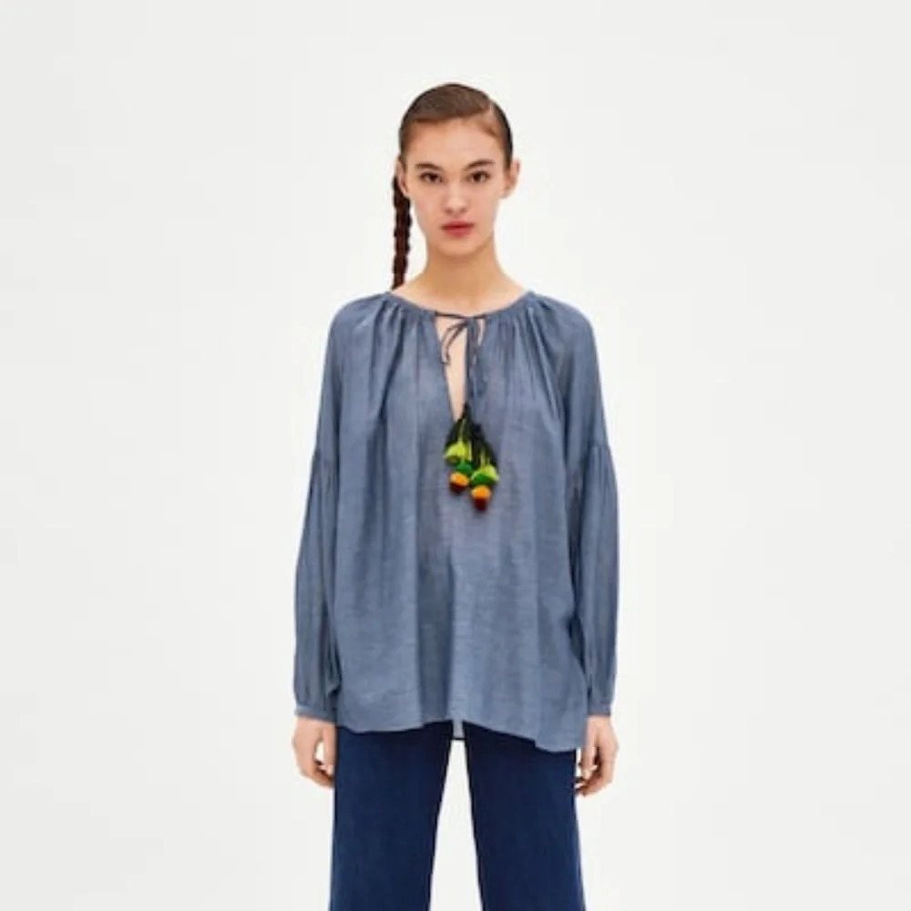 NWT Zara Blue Long Sleeve Pompom Top S